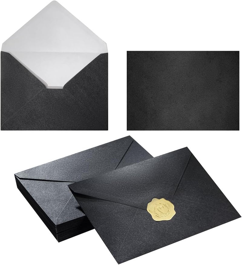 Homtable 50 Pieces Shiny Envelopes with Gold Stickers for Wedding Invitation Cards, Graduation, Baby Shower, Greeting Cards (Black, A4, 4x6) - Image 1